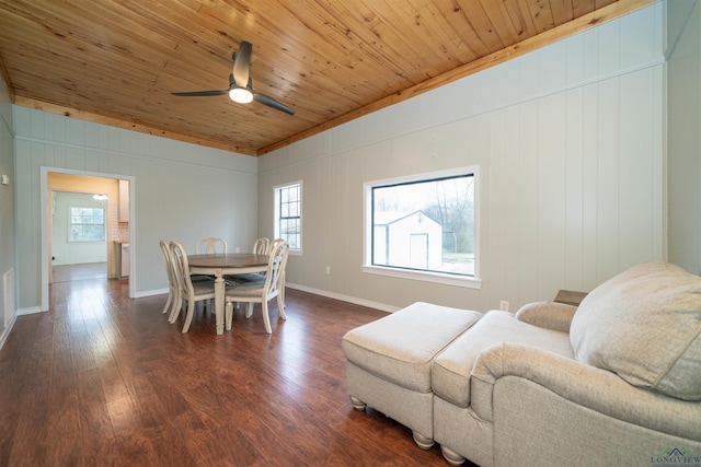 dining room with lofted ceiling, wood ceiling, dark wood-type flooring, and ceiling fan