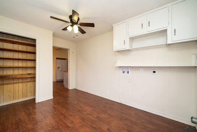 laundry room featuring dark wood-type flooring, ceiling fan, hookup for a washing machine, cabinets, and hookup for an electric dryer