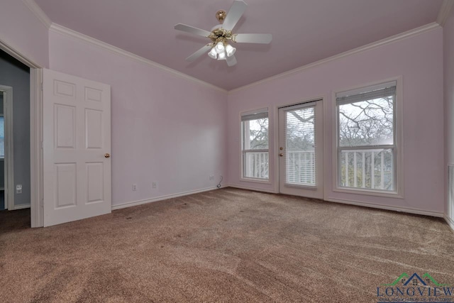 spare room with crown molding, carpet, and ceiling fan