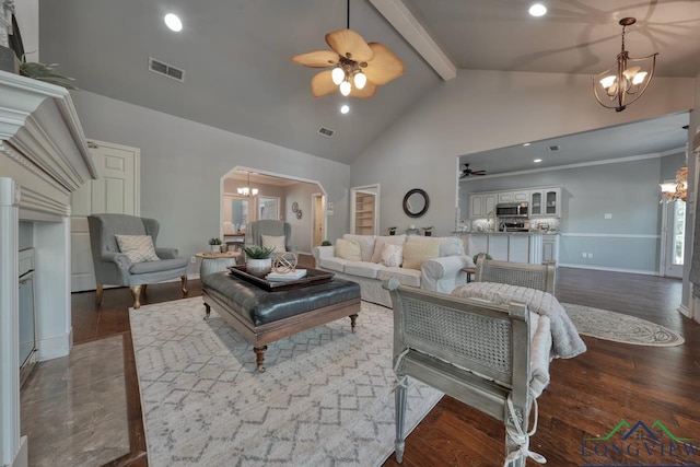 519 Hideaway Ln E, Hideaway, TX 75771 - living area with visible vents, baseboards, high vaulted ceiling, and beam ceiling