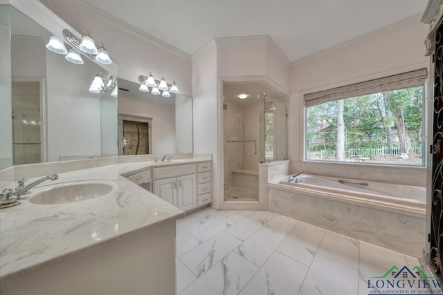 bathroom with vanity, crown molding, and plus walk in shower