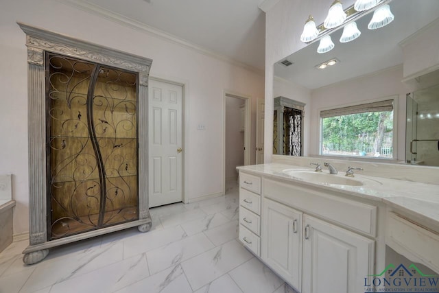 519 Hideaway Ln E, Hideaway, TX 75771 - bathroom featuring vanity, a closet, crown molding, visible vents, and marble finish floor