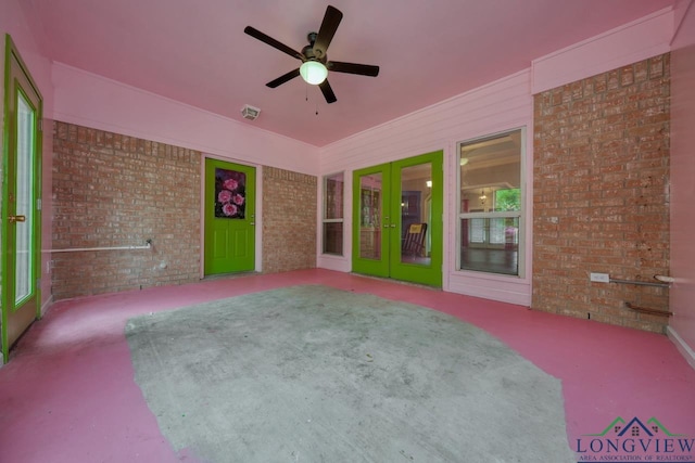 interior space featuring french doors and ceiling fan