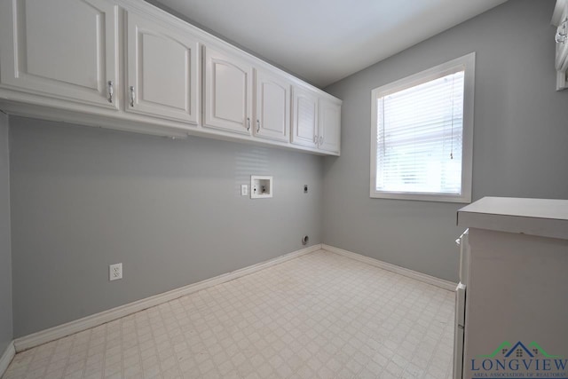 519 Hideaway Ln E, Hideaway, TX 75771 - laundry room with electric dryer hookup, baseboards, tile patterned floors, hookup for a washing machine, and cabinet space
