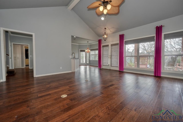 unfurnished living room with beamed ceiling, high vaulted ceiling, dark hardwood / wood-style floors, and ceiling fan with notable chandelier