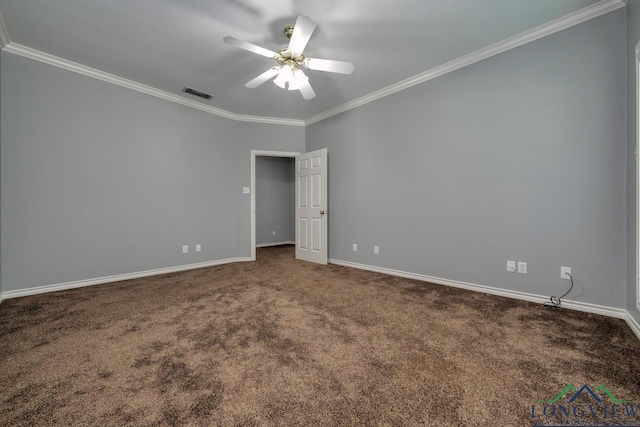 519 Hideaway Ln E, Hideaway, TX 75771 - spare room featuring dark colored carpet, baseboards, crown molding, a ceiling fan, and visible vents