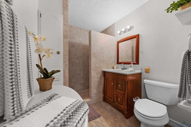 bathroom with vanity, tile patterned flooring, toilet, a textured ceiling, and a tile shower