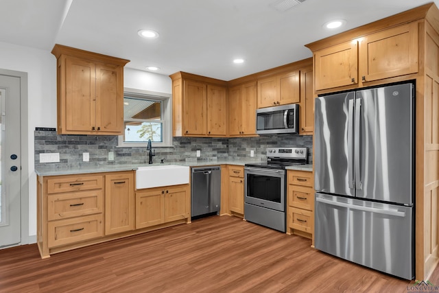 kitchen featuring sink, backsplash, light hardwood / wood-style floors, and appliances with stainless steel finishes