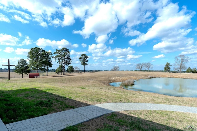 view of property's community with a yard and a water view