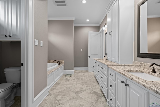 bathroom featuring visible vents, baseboards, ornamental molding, toilet, and vanity