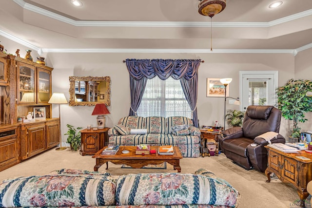 living room featuring a raised ceiling, crown molding, and light carpet