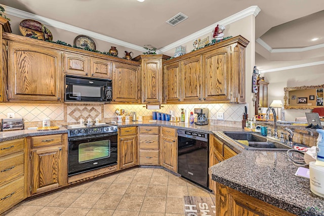 kitchen with tasteful backsplash, ornamental molding, sink, black appliances, and light tile patterned floors