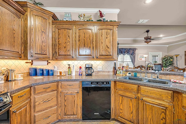 kitchen featuring ceiling fan, sink, light tile patterned floors, black appliances, and ornamental molding