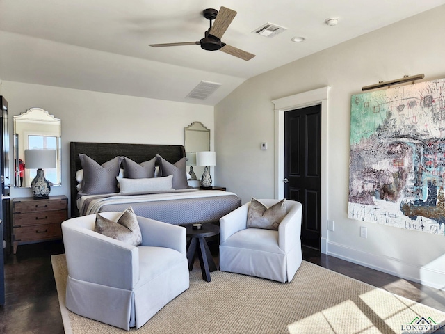 bedroom featuring lofted ceiling and ceiling fan