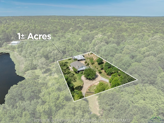 435 Acr 3763, Palestine, TX 75801 - aerial view of property and surrounding area featuring a forest, property boundaries highlighted, and a large body of water