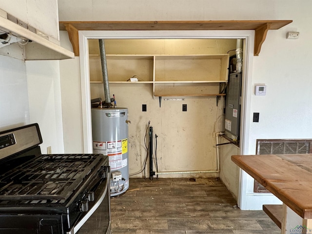 kitchen with gas water heater, dark hardwood / wood-style floors, and range with gas cooktop