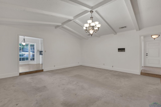 empty room with carpet flooring, a textured ceiling, lofted ceiling with beams, and an inviting chandelier