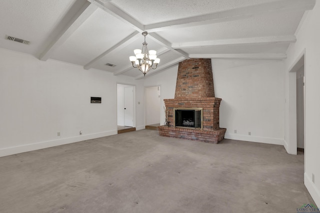 unfurnished living room with vaulted ceiling with beams, a chandelier, a textured ceiling, and a brick fireplace