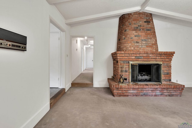 unfurnished living room featuring carpet floors, lofted ceiling with beams, a textured ceiling, and a brick fireplace