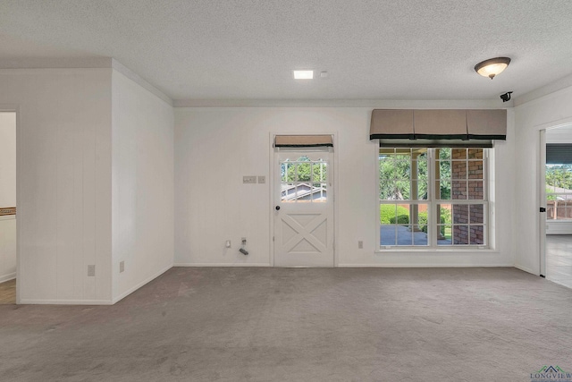 empty room with light carpet and a textured ceiling