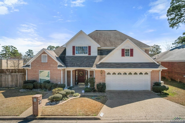 view of front of property featuring driveway, fence, roof with shingles, a garage, and brick siding