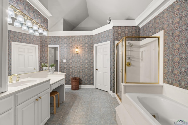 full bath featuring a shower stall, wallpapered walls, lofted ceiling, ornamental molding, and vanity