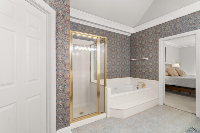 full bath with tile patterned flooring, a shower stall, wallpapered walls, and lofted ceiling