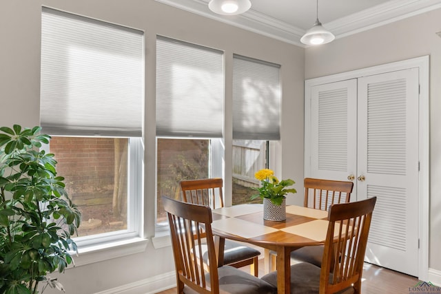 dining room with baseboards, a healthy amount of sunlight, wood finished floors, and crown molding