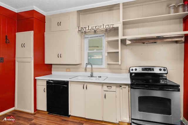 kitchen with stainless steel range with electric stovetop, white cabinetry, black dishwasher, and light hardwood / wood-style flooring