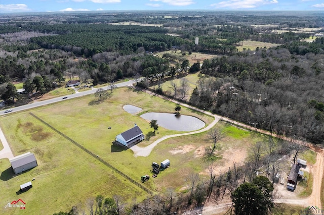 bird's eye view with a water view and a wooded view