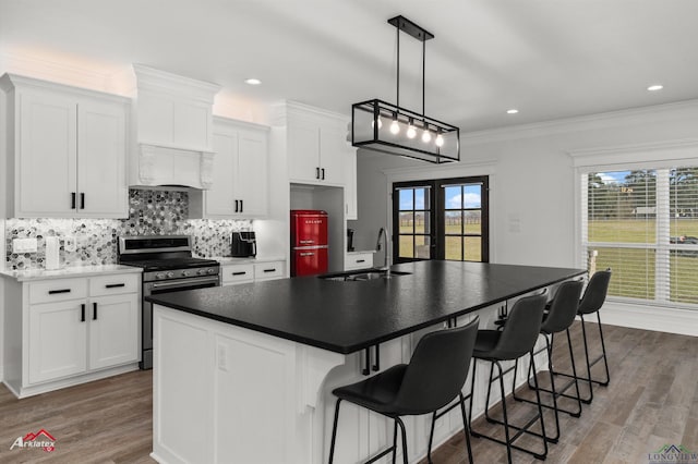 kitchen featuring a sink, french doors, stainless steel range with gas cooktop, white cabinets, and decorative backsplash