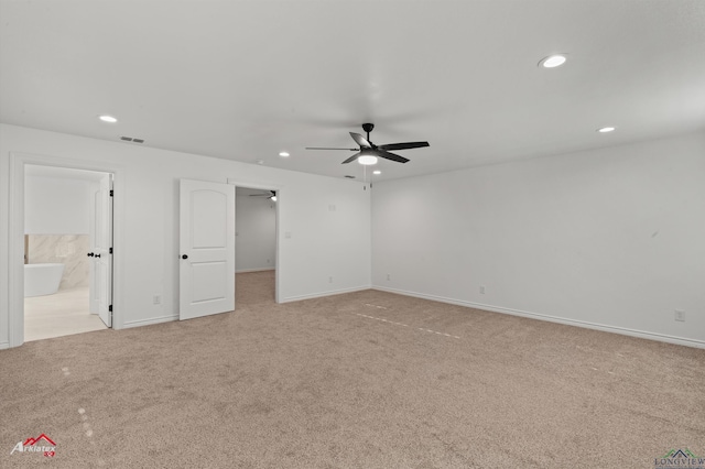 unfurnished bedroom with recessed lighting, visible vents, and light colored carpet