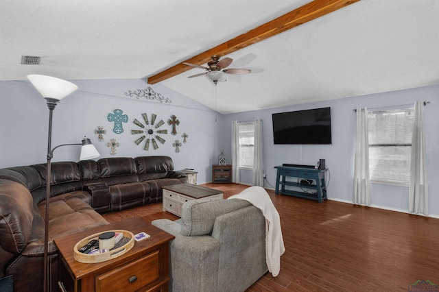 living room featuring ceiling fan, dark hardwood / wood-style floors, and lofted ceiling with beams