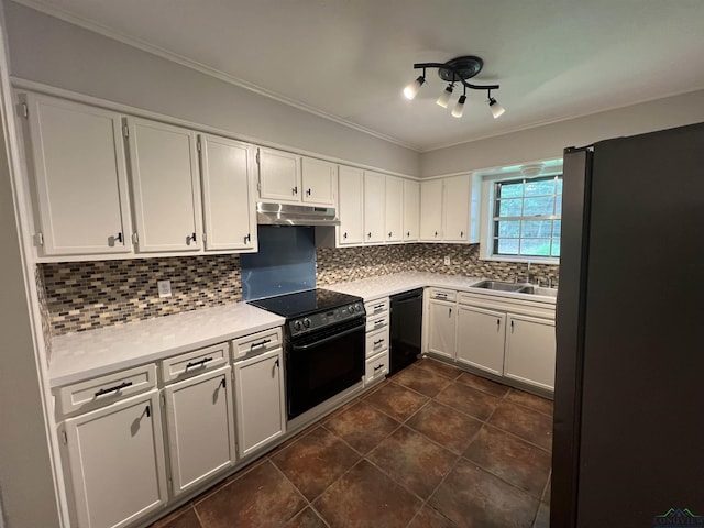 kitchen featuring decorative backsplash, under cabinet range hood, light countertops, black appliances, and a sink