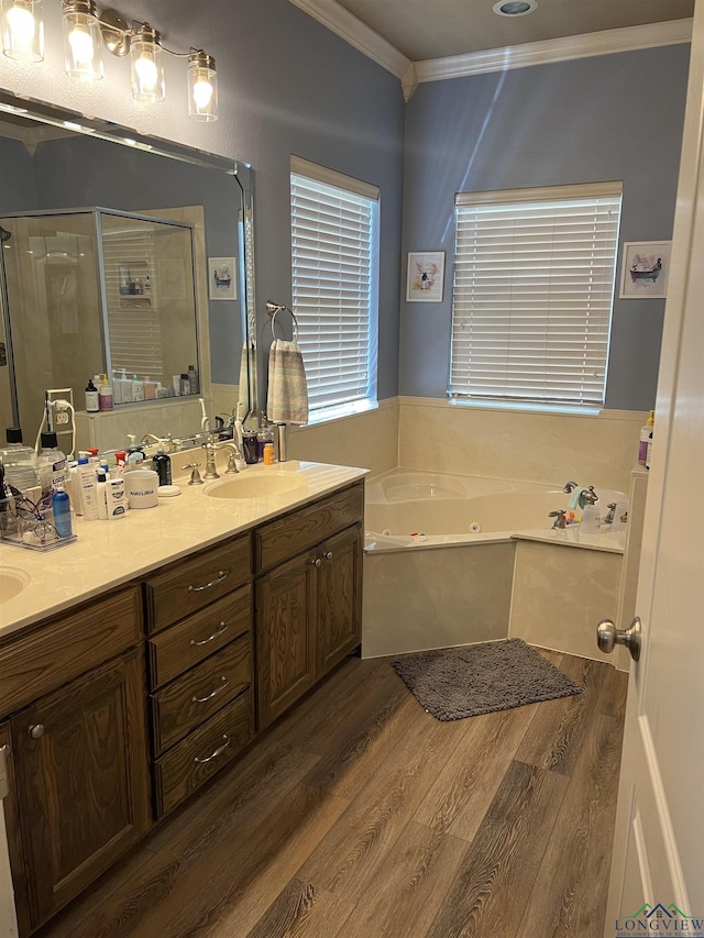 bathroom featuring vanity, crown molding, plus walk in shower, and wood-type flooring