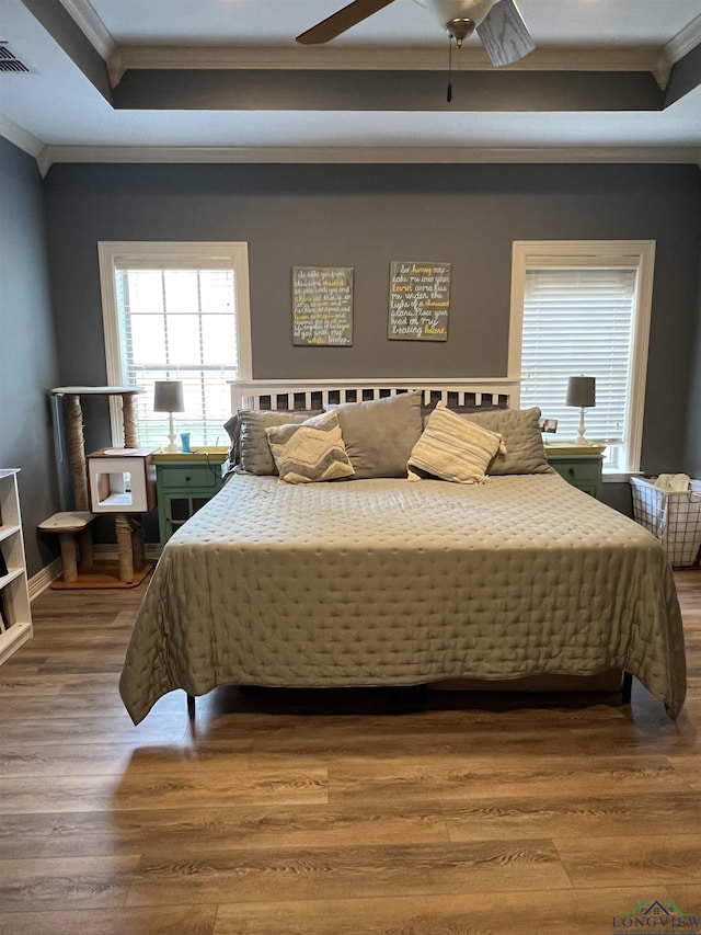 bedroom with a raised ceiling, ceiling fan, hardwood / wood-style floors, and crown molding