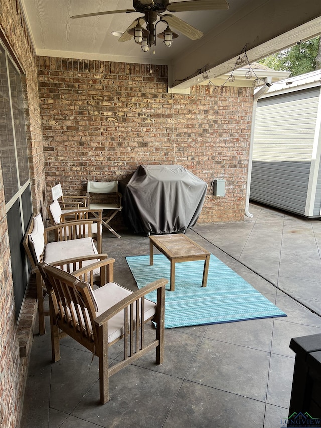 view of patio featuring an outdoor hangout area, grilling area, and ceiling fan