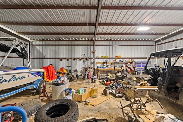 garage with a workshop area