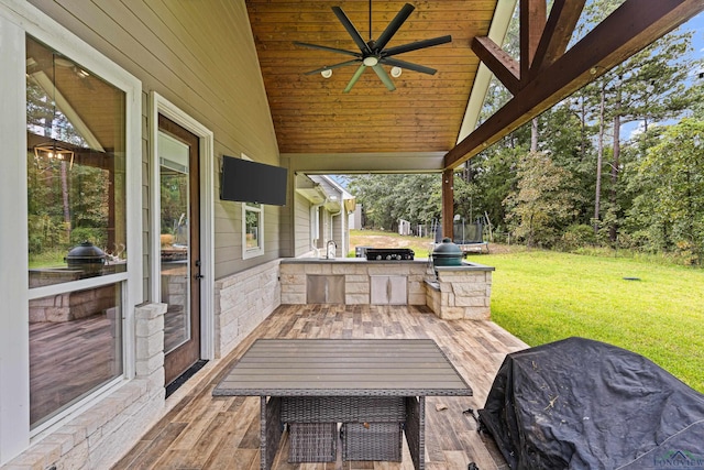 view of patio / terrace with a trampoline, area for grilling, ceiling fan, and sink