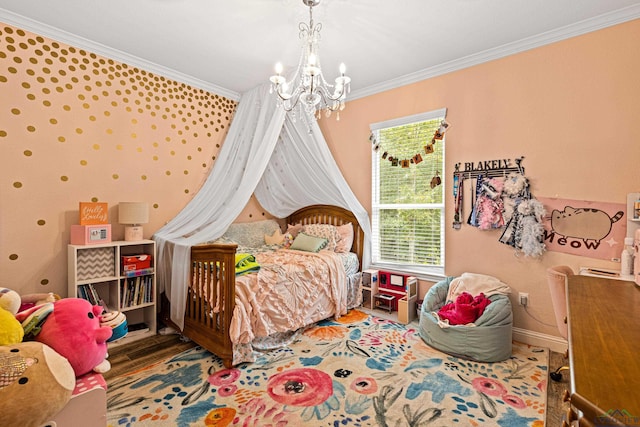 bedroom with an inviting chandelier and ornamental molding