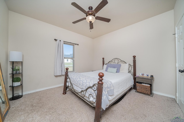 bedroom featuring ceiling fan, baseboards, and carpet flooring