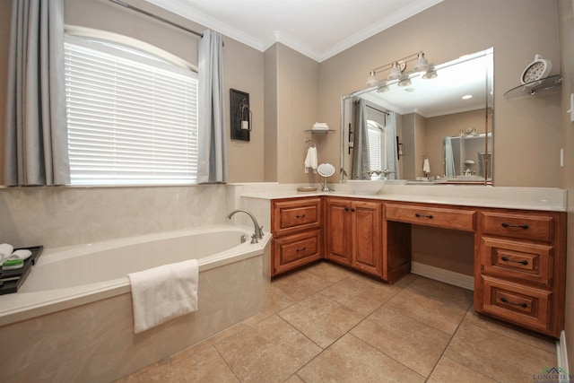 bathroom with vanity, tile patterned floors, crown molding, and a tub to relax in