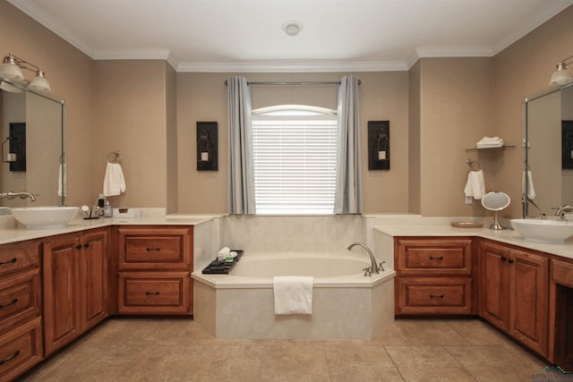 bathroom featuring vanity, a tub to relax in, tile patterned floors, and ornamental molding