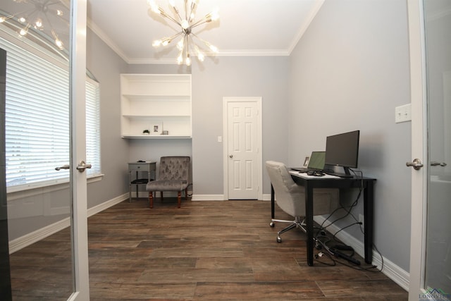 office area featuring a notable chandelier, dark wood-type flooring, ornamental molding, and french doors