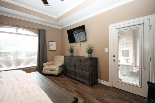 bedroom featuring ceiling fan, ornamental molding, dark hardwood / wood-style floors, and a raised ceiling