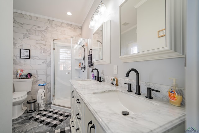 full bath with toilet, tile walls, ornamental molding, and a sink