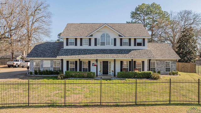 view of front facade featuring a fenced front yard, a front yard, covered porch, and roof with shingles