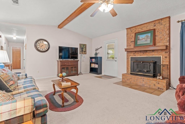 living room featuring vaulted ceiling with beams, ceiling fan, light colored carpet, and a textured ceiling