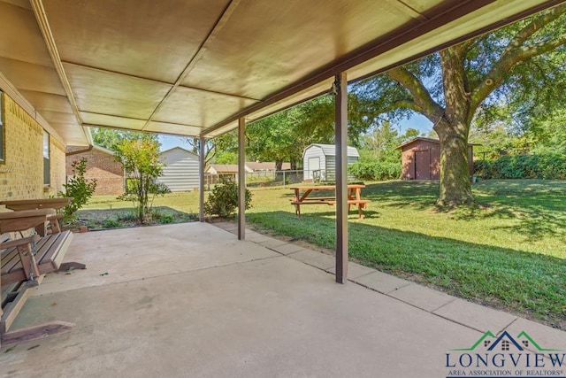 view of patio with a shed