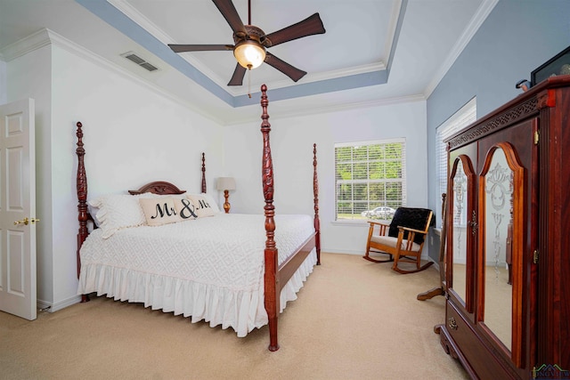 bedroom featuring light colored carpet, visible vents, and ornamental molding
